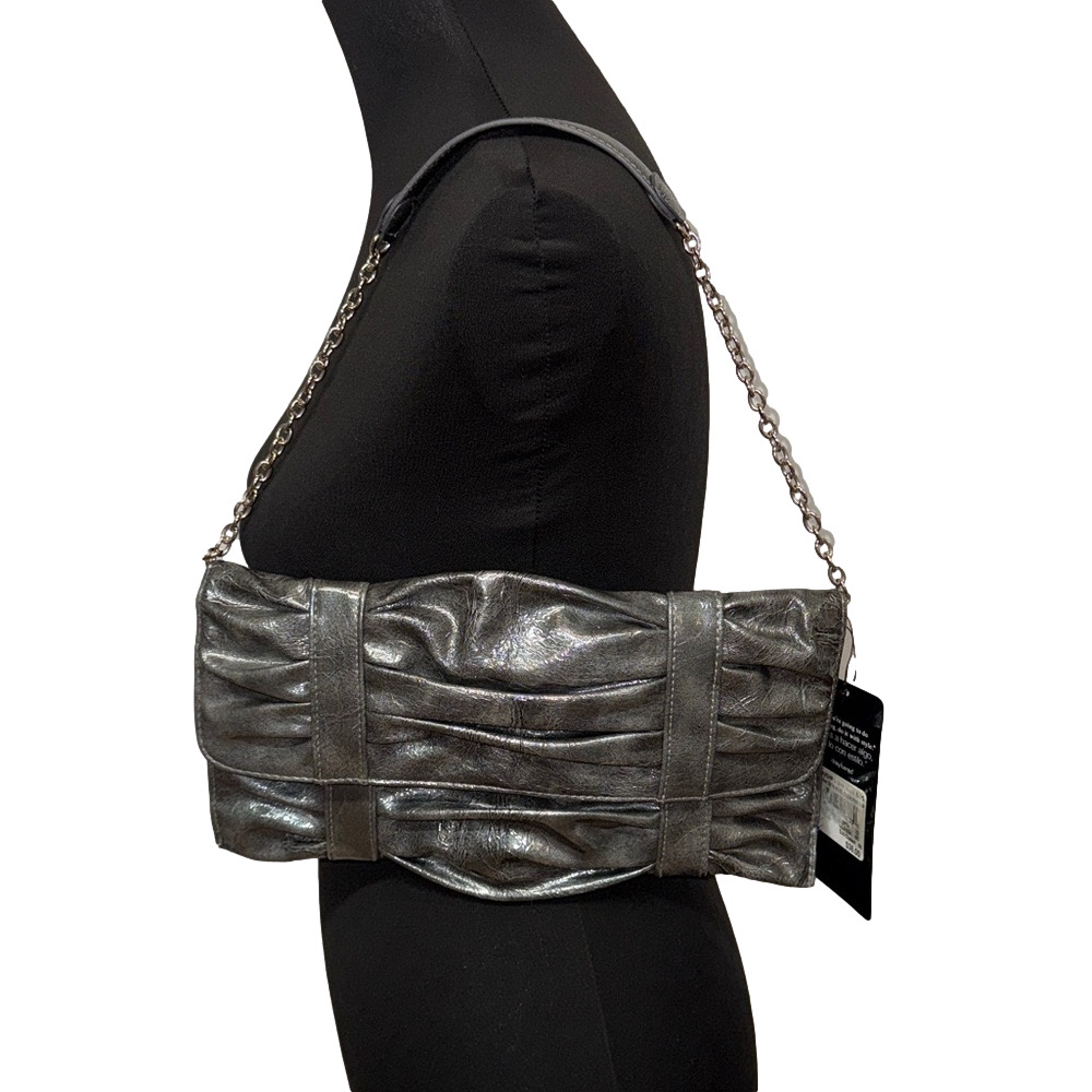 Daisy Fuentes Pewter Metallic Pleated Clutch Shoulder Bag Chain Strap NWT
